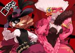  artist_name bandolier belt brown_hair character_name commentary domino_mask fan gloves hat hat_feather looking_at_viewer mask milady_(persona) multiple_girls okumura_haru persona persona_5 pink_gloves purple_gloves snowchu underbust utility_belt 