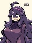  1girl @_@ ahoge al_bhed_eyes beige_background blush breasts hair_ornament headband hex_maniac_(pokemon) large_breasts long_hair long_sleeves looking_down npc_trainer open_mouth pokemon pokemon_(game) pokemon_xy purple_eyes purple_hair purple_sweater signature simple_background smile solo sweater text turtleneck turtleneck_sweater upper_body watson 