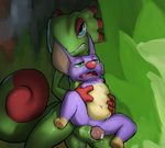  2017 anthro balls bat blue_eyes chameleon dacad duo female fur green_body green_eyes humanoid_penis laylee lizard male male/female mammal navel open_mouth pawpads penis purple_fur pussy red_nose reptile saliva scalie spread_legs spreading standing yooka yooka-laylee 