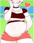  &lt;3 2017 belly bone_collar breasts clothed clothing dabbledraws digital_media_(artwork) female finger_in_mouth grin hand_on_stomach hi_res humanoid jiggle midriff navel overweight sharp_teeth shirt shorts slightly_chubby smile solo sugar_(dabbledraws) teeth thick_thighs white_body white_skin 