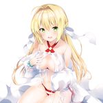  absurdres ahoge babydoll bad_id bad_pixiv_id bangs bare_shoulders blonde_hair bra bracelet braid breasts dress fate/grand_order fate_(series) french_braid green_eyes hair_intakes hair_ornament hair_ribbon highres jewelry kanora long_hair looking_at_viewer medium_breasts midriff navel nero_claudius_(fate)_(all) nero_claudius_(swimsuit_caster)_(fate) nightgown open_mouth panties ribbon round_teeth side-tie_panties sidelocks simple_background sitting smile solo striped striped_bra striped_panties teeth thighs underwear white_background white_dress 