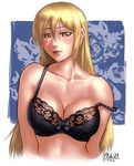  black_bra blonde_hair bra breasts character_request cleavage collarbone dated hair_between_eyes lace lace-trimmed_bra large_breasts lingerie lips looking_at_viewer solo strap_slip sweat taikyokuturugi underwear upper_body yellow_eyes 