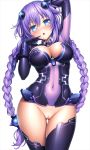  :o arm_up blue_eyes blush bottomless braid breasts choujigen_game_neptune covered_navel cowboy_shot erect_nipples gluteal_fold hair_between_eyes lambda_(kusowarota) large_breasts long_hair looking_at_viewer neptune_(choujigen_game_neptune) neptune_(series) purple_hair purple_heart pussy simple_background solo thigh_gap thighhighs twin_braids very_long_hair white_background 