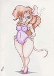  2017 anthro biting_lip breasts chip_n&#039;death cleavage clothed clothing female footwear hair hands_on_hips hi_res high_heels looking_at_viewer mammal mouse nipple_bulge one-piece_swimsuit pencil_(artwork) red_hair rodent shoes simple_background solo swimsuit thick_thighs traditional_media_(artwork) white_background wide_hips 