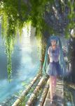  aqua_eyes aqua_hair arms_behind_back bangs blouse blurry boat catwalk closed_mouth commentary_request day denki depth_of_field grate hatsune_miku long_hair looking_away looking_to_the_side ocean outdoors overgrown pipes plant scenery short_sleeves sidelocks skirt smile solo sunlight twintails very_long_hair vines vocaloid walking watercraft white_blouse 