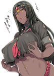  7zu7 alternate_costume bangs black_hair black_serafuku blush breasts check_translation choker circlet colored_eyelashes commentary_request cosplay covered_nipples crop_top crop_top_overhang dark_skin eyelashes facial_mark fate/grand_order fate_(series) flying_sweatdrops green_eyes hips large_breasts long_hair looking_at_viewer minamoto_no_raikou_(fate/grand_order) minamoto_no_raikou_(swimsuit_lancer)_(fate) minamoto_no_raikou_(swimsuit_lancer)_(fate)_(cosplay) navel navel_piercing overhang parted_bangs piercing pink_lips red_ribbon ribbon scheherazade_(fate/grand_order) school_uniform see-through_silhouette serafuku short_sleeves sidelocks simple_background solo stomach translation_request underboob upper_body very_long_hair white_background 