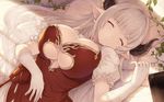  absurdres alicia_(granblue_fantasy) book breasts cait cleavage closed_eyes gloves granblue_fantasy grey_hair highres horns huge_breasts huge_filesize long_hair paid_reward patreon_reward pointy_ears sleeping white_gloves 