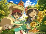  1girl basket black_eyes black_hair blue_shirt bucket_hat closed_eyes cloud day flower gen_7_pokemon hat hat_flower litten long_hair mizuki_(pokemon) natsuno_hamuto open_mouth outdoors pokemon pokemon_(creature) pokemon_(game) pokemon_usum popplio rowlet shirt short_hair sky sleeveless sleeveless_shirt sun_hat sunflower tank_top you_(pokemon) 