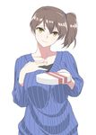 alternate_costume blue_sweater blush box brown_eyes brown_hair closed_mouth hand_on_own_chest heart highres holding kaga_(kantai_collection) kantai_collection light_smile looking_at_viewer ribbed_sweater shingyo short_hair side_ponytail simple_background solo sweater upper_body valentine white_background 