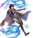  black_hair book boots breasts brown_eyes cape cleavage cuboon electricity fire_emblem fire_emblem:_thracia_776 fire_emblem_heroes full_body gloves highres large_breasts official_art olwen_(fire_emblem) open_mouth solo star sword teeth transparent_background weapon 