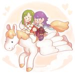  2girls animal_ears bare_shoulders blue_shoes blush blush_stickers boots breastplate capelet chibi cloud dress fire_emblem frogbians full_body green_eyes green_hair hair_tie heart horse horse_ears horse_tail lute_(fire_emblem) matching_hair/eyes multiple_girls open_mouth pauldrons pegasus pegasus_knight pigtails pink_background purple_eyes purple_hair red_dress shoes short_hair signature simple_background sleeveless smile tail text thigh_boots tied_hair vambraces vanessa_(fire_emblem) white_background white_boots wings wristband zettai_ryouiki 