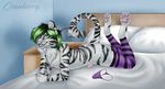  bed clothing cranberryart_(artist) feline giir_(character) green_hair hair legwear male mammal penis ready socks stripes tattoo tiger 