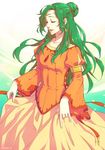  armlet bangs blouse closed_eyes collarbone cowboy_shot dated earrings elincia_ridell_crimea eyelashes fire_emblem fire_emblem:_souen_no_kiseki green_hair hair_bun head_chain himekawa_donki jewelry long_hair open_mouth orange_blouse puffy_sleeves skirt skirt_hold smile solo wide_sleeves yellow_skirt 