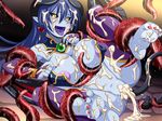  1girl aftersex astaroth_(shinrabanshou) barefoot blue_hair blue_skin bracelet breast_grab breasts censored cum cum_in_pussy demon_girl facial female game_cg happy_sex horns huge_breasts long_hair nipples pointy_ears pussy pussy_juice saliva sex shinrabanshou shiny_skin smile spec_(artist) tail tears tongue_out vaginal wings yellow_eyes 