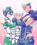  armor bare_hips blush bodysuit boy_sandwich brown_eyes bulge commentary_request dark_skin dark_skinned_male earrings elbow_gloves embarrassed ez_do_dance fingerless_gloves gloves gradient gradient_background green_eyes green_gloves green_hair hair_between_eyes hug implied_yaoi jewelry king_of_prism_by_prettyrhythm kougami_taiga male_focus multicolored_hair multiple_boys neon_trim nishina_kazuki pectorals pink_background pretty_rhythm purple_eyes sandwiched smile smirk sparkle spiked_hair toroi_(run01211) two-tone_hair undercut white_hair yamato_alexander 