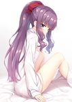  bangs bare_legs bed_sheet blue_eyes blush brown_ribbon collared_shirt commentary_request dress_shirt eyebrows_visible_through_hair from_side hair_ribbon hand_on_own_chest highres long_hair looking_at_viewer looking_back md5_mismatch naked_shirt new_game! ponytail purple_hair ribbon shirt sidelocks sitting sleeves_past_wrists solo takimoto_hifumi thighs tomifumi wavy_hair white_shirt 