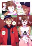 2017 adrian_iliovici_(character) anthro blush canine clothed clothing comic dialogue duo english_text eye_contact fox girly hands_behind_back hat hi_res male mammal microwave milo_stefferson_(character) mustelid open_mouth otter patreon phone size_difference smile standing text tokifuji topless towel 