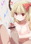  1girl bangs bar_censor blonde_hair blush bow censored closed_mouth cum ejaculation erection eyebrows_visible_through_hair flandre_scarlet flat_chest grey_background hair_between_eyes hair_bow handjob heart heart-shaped_pupils hetero highres inverted_nipples navel nipples nude penis red_bow red_eyes side_ponytail simple_background smile sweat symbol-shaped_pupils touhou two-handed_handjob veins veiny_penis waira 