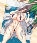  1girl areola_slip areolae bikini blush breasts curvy devil-v female gensou_suikoden highres huge_breasts jeane nipples silver_hair sling_bikini solo thick_thighs thighs wide_hips 