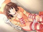 bin_can_darling blush brown_eyes brown_hair censored chiba_chinatsu choker dutch_angle embarrassed game_cg hand_on_own_chest hand_on_own_thigh hat hidaka_tamaki looking_at_viewer mosaic_censoring orange_skirt panties panty_pull pussy sitting skirt skirt_pull solo striped striped_legwear sweater thighhighs tile_wall tiles toilet toilet_brush toilet_use underwear white_panties 