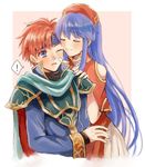  1girl armor blue_eyes blue_hair blush cape closed_eyes cosplay couple dress eliwood_(fire_emblem) eliwood_(fire_emblem)_(cosplay) fire_emblem fire_emblem:_fuuin_no_tsurugi fire_emblem:_rekka_no_ken fire_emblem_heroes gloves hat hetero lilina long_hair red_hair roy_(fire_emblem) short_hair simple_background smile wspread 