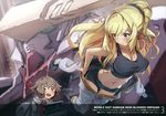  absurdres atra_mixta black_scrunchie black_shirt black_shorts blonde_hair breasts brown_eyes brown_hair bun150 cleavage copyright_name eyebrows_visible_through_hair floating_hair full_body gundam gundam_barbatos gundam_tekketsu_no_orphans hair_between_eyes hair_ornament hair_scrunchie highres huge_filesize kudelia_aina_bernstein large_breasts long_hair mecha midriff mobile_suit_gundam multiple_girls navel open_mouth ponytail purple_eyes scrunchie shiny shiny_skin shirt short_hair short_shorts shorts stomach tank_top very_long_hair zero_gravity 