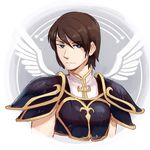  1girl armor blue_eyes breastplate eyebrows_visible_through_hair eyes_visible_through_hair fire_emblem frogbians grey_background half-closed_eyes headband highres looking_to_the_side pauldrons pegasus_knight signature simple_background solo tanith text upper_body white_background wings 