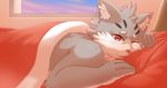 2017 anthro bed cat catmuti feline kemono male mammal one_eye_closed red_eyes sitri smile tokyo_afterschool_summoners tongue tongue_out 