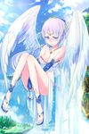  angel_wings bad_feet bad_id bad_pixiv_id blush braid breasts cleavage closed_mouth collarbone day highres large_breasts long_hair looking_away loup original outdoors purple_eyes purple_hair solo sparkle wings 