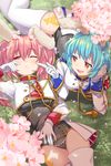  ;&lt; animal_ears armband bangs blue_hair breasts bunny_ears cherry_blossoms chiester410 chiester45 chiester_sisters fang flower gloves grass hair_flower hair_ornament highres kamaboko_red long_hair looking_at_another medium_breasts multiple_girls one_eye_closed pink_hair red_eyes short_hair showgirl_skirt sleepy thighhighs twintails umineko_no_naku_koro_ni 