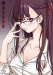  absurdres adjusting_eyewear annoyed bespectacled black-framed_eyewear braid breasts character_name cleavage collarbone commentary_request covered_nipples dated dress_shirt eyelashes fingernails french_braid girls_frontline glasses hair_ribbon highres large_breasts lips long_hair looking_at_viewer one_side_up purple_hair red_eyes red_ribbon ribbon shirt signature solo upper_body wa2000_(girls_frontline) white_shirt zui_ai_shuang_mawei 