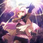  bangs blunt_bangs cloak gloves hood hooded_cloak long_hair looking_at_viewer magia_record:_mahou_shoujo_madoka_magica_gaiden magical_girl mahou_shoujo_madoka_magica narumi_nanami pink_eyes pink_hair solo tamaki_iroha 