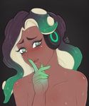  antiheld artist_name black_background blush cephalopod_eyes collarbone dark_skin finger_to_mouth green_eyes green_hair green_skin hand_up headphones highres iida_(splatoon) index_finger_raised initial lips long_hair looking_at_viewer mole mole_under_mouth multicolored multicolored_hair multicolored_skin nude octarian pink_pupils purple_hair shushing simple_background smile solo splatoon_(series) splatoon_2 suction_cups sweat tentacle_hair upper_body 