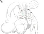  anthro anthrofied between_breasts big_breasts black_and_white breasts clothing dialogue dress duo egg english_text female hair half-closed_eyes human immortalstar lagomorph lopunny male mammal monochrome nintendo pok&eacute;mon pok&eacute;morph simple_background smile speech_bubble text video_games wide_hips 