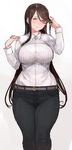  belt breasts brown_eyes brown_hair c.cu curvy formal gradient gradient_background grey_background hips large_breasts light_smile long_hair looking_at_viewer original see-through smile solo thighs wide_hips 