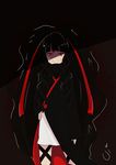  arm_at_side azami_(kagerou_project) black_hair blending cloak cowboy_shot curly_hair dark hair_ribbon hand_on_hip kagerou_days_(vocaloid) kagerou_project leg_ribbon long_hair long_ribbon looking_at_viewer petticoat red_eyes red_ribbon ribbon scales shaded_face shadow signature sleeves_past_wrists slip_showing smile solo uikoui very_long_hair wavy_hair 