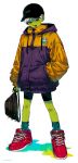  1girl alternate_costume backpack bag baseball_cap bike_shorts blush capsule_corp cheelai dragon_ball dragon_ball_super_broly fingernails full_body hand_in_pocket haro_mikan hat head_tilt highres jacket looking_at_viewer orange_jacket pink_footwear purple_jacket red_eyes shaded_face shadow shoes short_hair simple_background smile sneakers socks solo spread_legs standing twitter_username two-tone_jacket white_background white_hair 