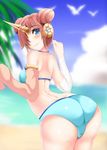  1girl artist_request ass bandage bandaged_arm bare_shoulders berserker_of_black bikini blue_eyes blush breasts cameltoe dimples_of_venus double_bun fate/grand_order fate_(series) frankenstein&#039;s_monster_(fate/grand_order)_(swimsuit_saber)_(fate) from_behind hair_ornament hair_over_one_eye horn leaning leaning_forward looking_at_viewer looking_back pink_hair shiny shiny_hair shiny_skin short_hair sideboob smile solo swimsuit 