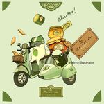  bird english food fox green ground_vehicle label marmalade motor_vehicle motorcycle nadia_kim no_humans original sidecar simple_background toast 