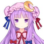  bangs blue_ribbon blunt_bangs blush bow closed_mouth crescent crescent_moon_pin dot_nose dress eyebrows_visible_through_hair hair_ribbon hat long_hair looking_at_viewer mob_cap patchouli_knowledge pink_hat portrait purple_eyes purple_hair red_ribbon ribbon sidelocks smile solo tengxiang_lingnai touhou white_background 