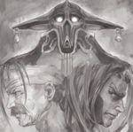  armor ashimashiki bad_id bad_pixiv_id commentary_request facial_hair from_side frown glowing glowing_eyes grahf greyscale hairband helmet id_(xenogears) khan_wong long_hair looking_at_viewer male_focus monochrome multiple_boys mustache xenogears 