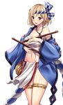  bare_shoulders blonde_hair budget_sarashi disheveled djeeta_(granblue_fantasy) drum_master_(granblue_fantasy) drumsticks fundoshi granblue_fantasy hachimaki happi headband highres japanese_clothes jewelry looking_at_viewer navel necklace nejiri_hachimaki off_shoulder sarashi solo taiko_sticks thigh_strap yasu_(yossy) 