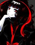  azami_(kagerou_project) bangs black_hair blunt_bangs bow chin_rest commentary_request curly_hair eyelashes grey_background hair_ribbon hand_on_hip highres kagerou_project long_hair long_ribbon looking_at_viewer pale_skin red_bow red_eyes red_ribbon ribbon signature simple_background smile solo turtleneck user_xujd7345 very_long_hair wavy_hair 
