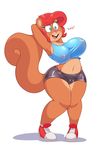  2017 acstlu anthro blue_eyes bra breasts buckteeth camel_toe clothed clothing female footwear hair hi_res lizette mammal midriff navel nipple_bulge open_mouth red_hair rodent shoes shorts simple_background solo sports_bra squirrel teeth underwear white_background 