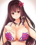  bangs bikini blush breasts brown_hair closed_mouth commentary_request eyebrows_visible_through_hair fate/grand_order fate_(series) flower hair_flower hair_intakes hair_ornament hand_on_own_chest hands_up large_breasts long_hair looking_at_viewer neneru purple_bikini purple_eyes scathach_(fate)_(all) scathach_(swimsuit_assassin)_(fate) sidelocks smile solo swimsuit upper_body 