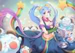  blue_hair blush breasts cleavage closed_mouth collarbone dakun hair_ornament hairclip jewelry large_breasts league_of_legends long_hair looking_at_viewer navel necklace poro_(league_of_legends) purple_eyes smile solo sona_buvelle star star_hair_ornament twintails 