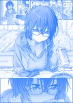  1girl bed beer_can blue blush breasts can cleavage commentary commentary_request flying_sweatdrops getsuyoubi_no_tawawa glasses himura_kiseki hood hooded_sweater hoodie indoors kakyou-san_(tawawa) large_breasts looking_at_viewer looking_away monochrome pov short_hair solo_focus sweat sweater 
