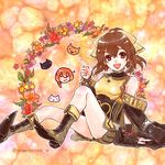  1girl animal_ears artist_name bare_shoulders blonde_hair boots bow bracelet breastplate brother_and_sister brown_eyes brown_hair cape cat cat_ears chibi dyute_(fire_emblem) fang fire_emblem fire_emblem_echoes:_mou_hitori_no_eiyuuou flower insarability jewelry leaf long_hair looking_at_viewer low_ponytail luthier_(fire_emblem) open_mouth orange_hair ponytail siblings sitting sparkle 