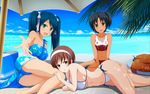  absurdres bad_id bad_pixiv_id beach beach_umbrella bikini black_hair blue_bikini blue_eyes blue_hair breasts brown_eyes brown_hair cleavage cooler day floral_print hairband headband highres innertube isuzu_(kantai_collection) kantai_collection large_breasts long_hair looking_at_viewer lying multiple_girls nagara_(kantai_collection) natori_(kantai_collection) on_side one_side_up red_bikini sarong shira-nyoro short_hair sitting small_breasts swimsuit tan tanline twintails umbrella white_bikini white_hairband 