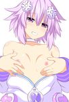  bare_shoulders breasts choker d-pad d-pad_hair_ornament grin hair_ornament highres hood hooded_jacket jacket looking_at_viewer neptune_(choujigen_game_neptune) neptune_(series) nipples open_clothes purple_eyes purple_hair shikniful short_hair small_breasts smile solo 